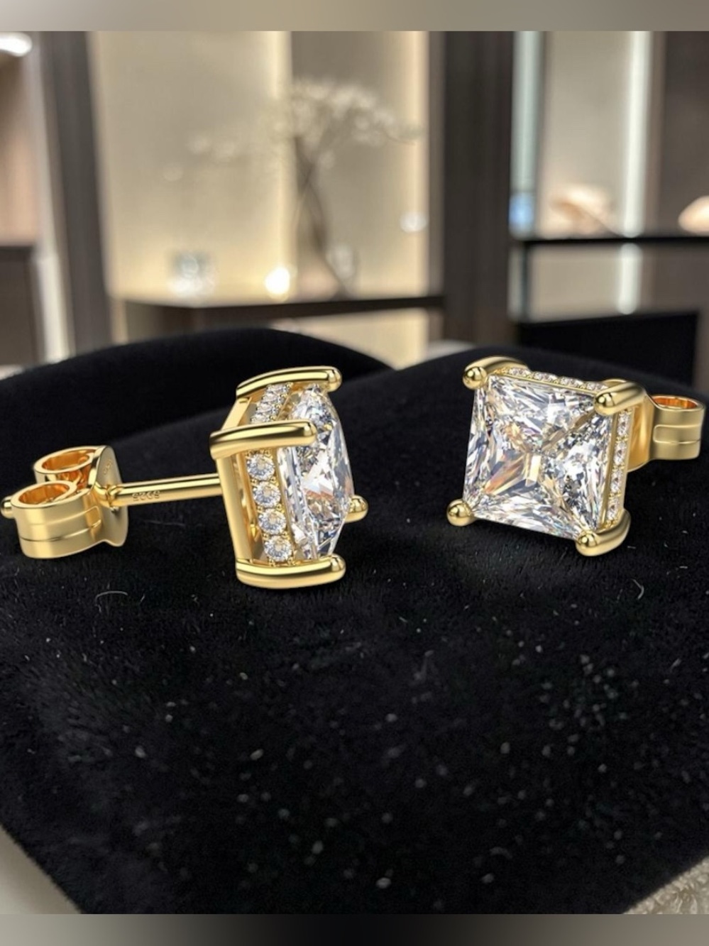 18K Gold Plated Sterling Silver Princess Cut CZ Stud Earrings 5MM 💛